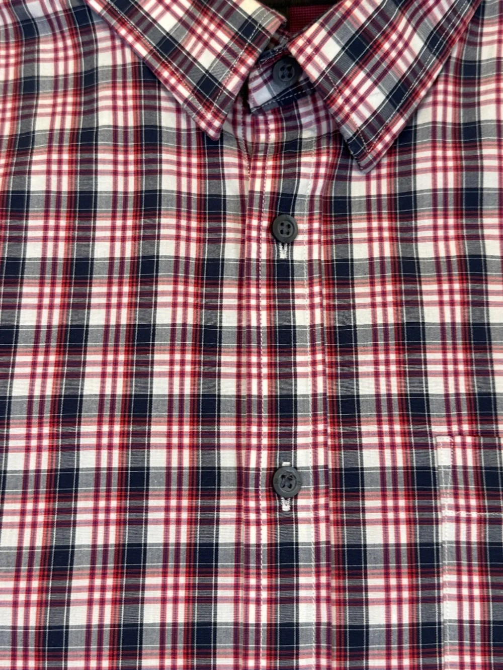Banana Republic Mens Plaid Button Down Shirt L Red Navy Cotton Stretch